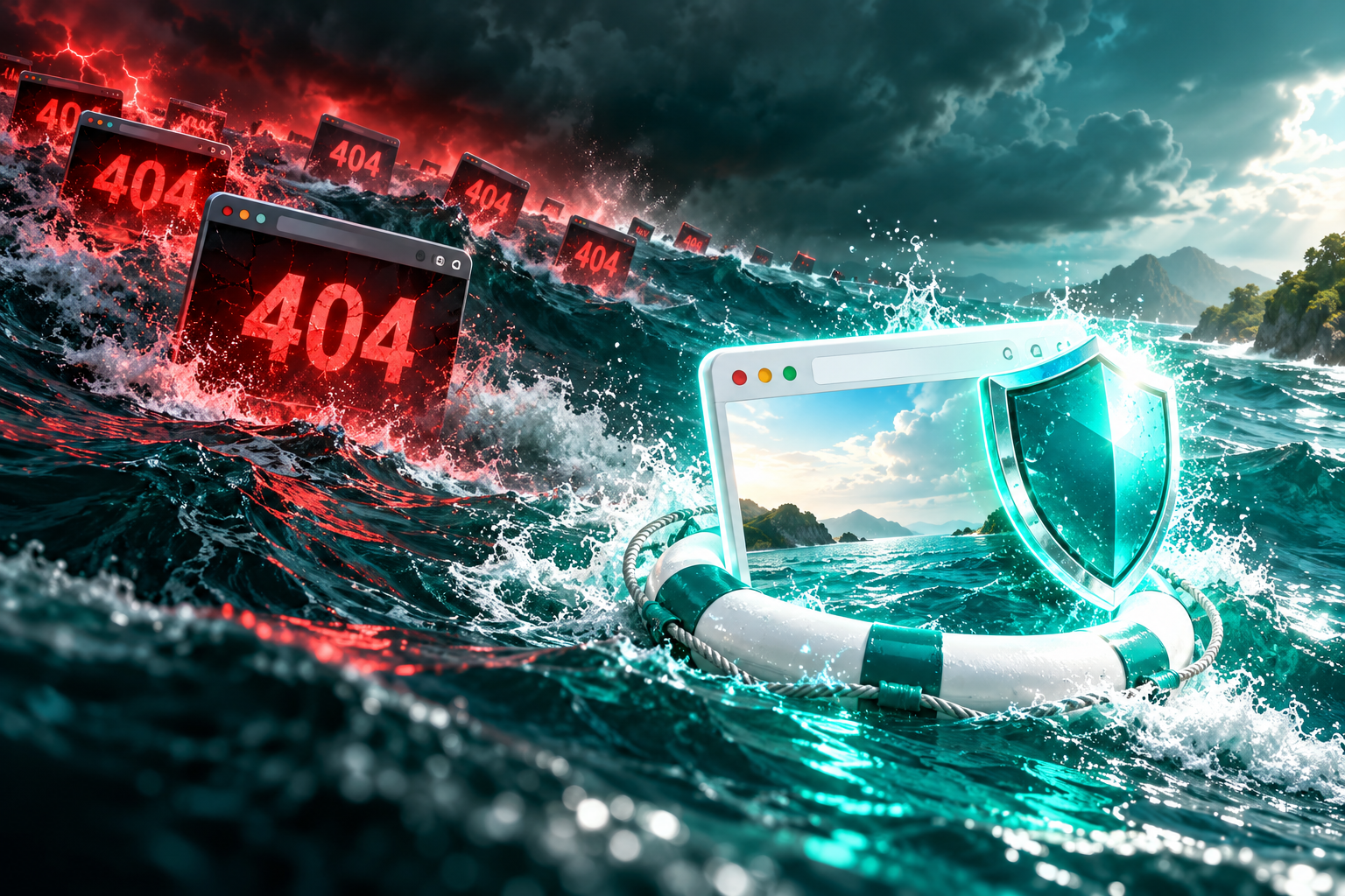 A restored website protected by a teal shield while old 404 requests continue behind it.