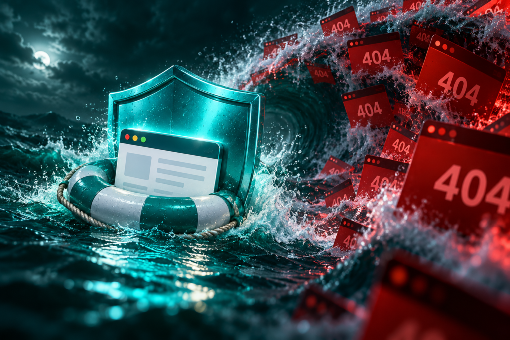 A teal shield shelters a website from waves of red 404 requests.