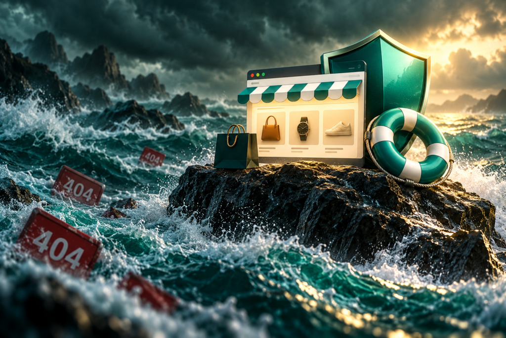 An online shop protected above a stormy sea of missing-page requests.